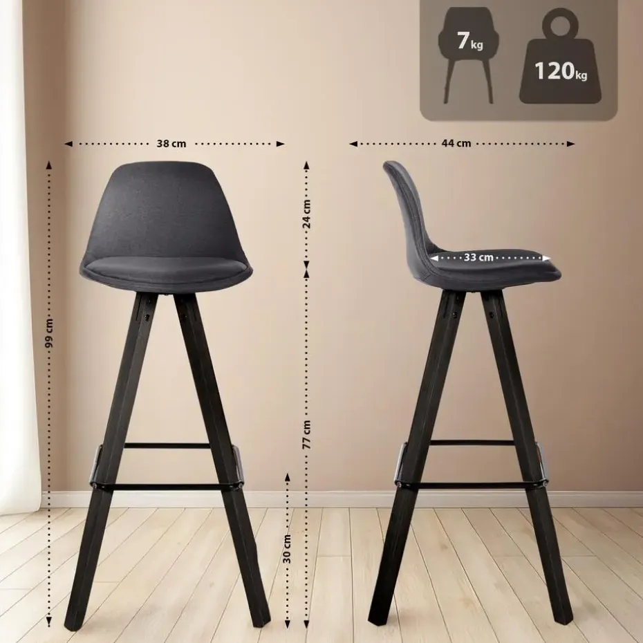 CLP Set van 2 Barkruk Corbin zwart Frame - Stof - donkergrijs