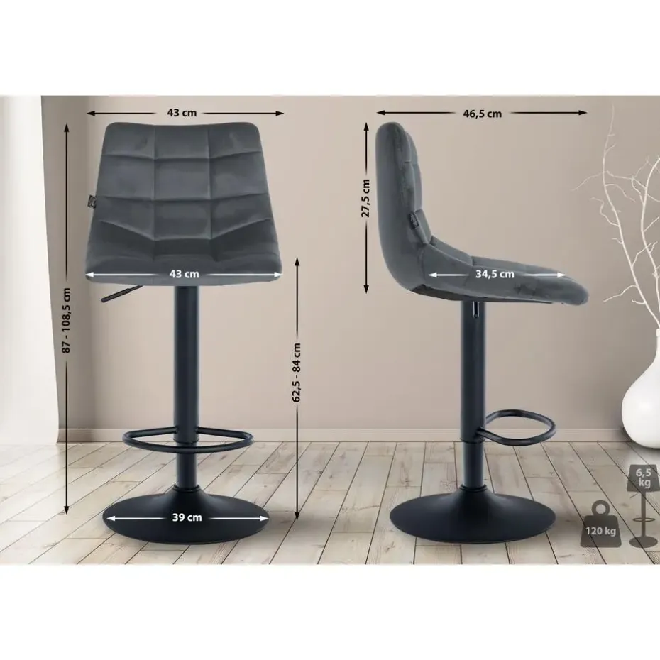 CLP Set van 2 Barkruk Jerry zwart Frame - Fluweel - donkergrijs