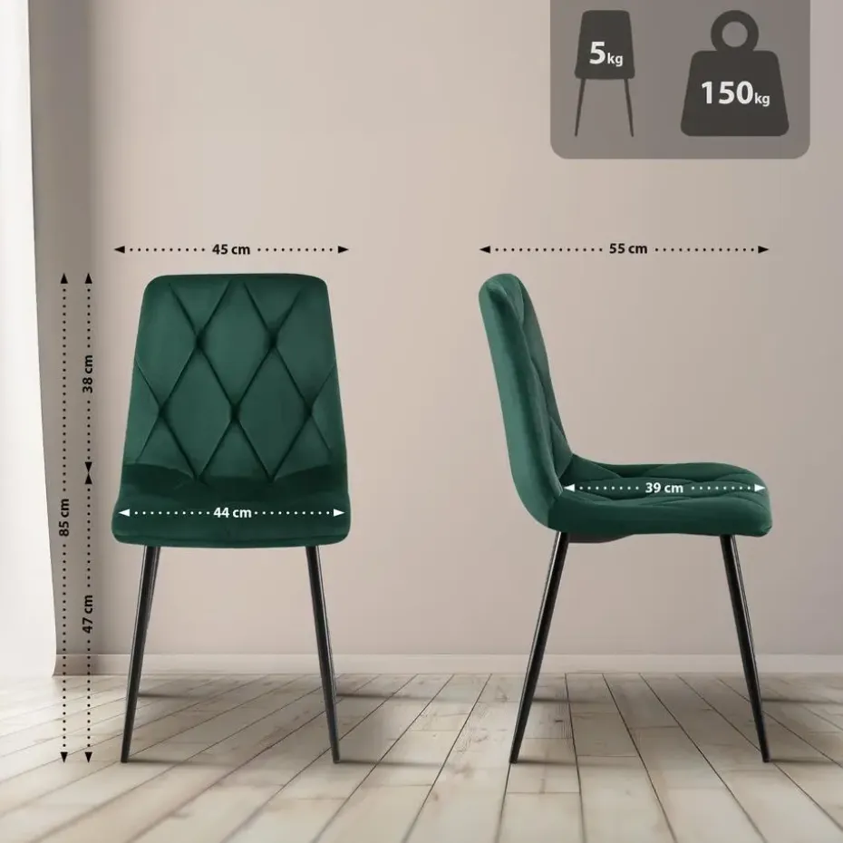 CLP Set van 2 Eetkamerstoel Clairton zwart Frame - Fluweel - groen