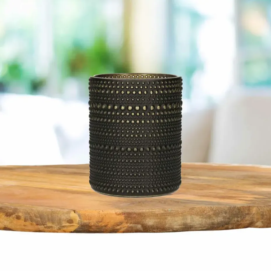 Countryfield theelichthouder/kaarsenhouder - zwart/goud - H12 cm