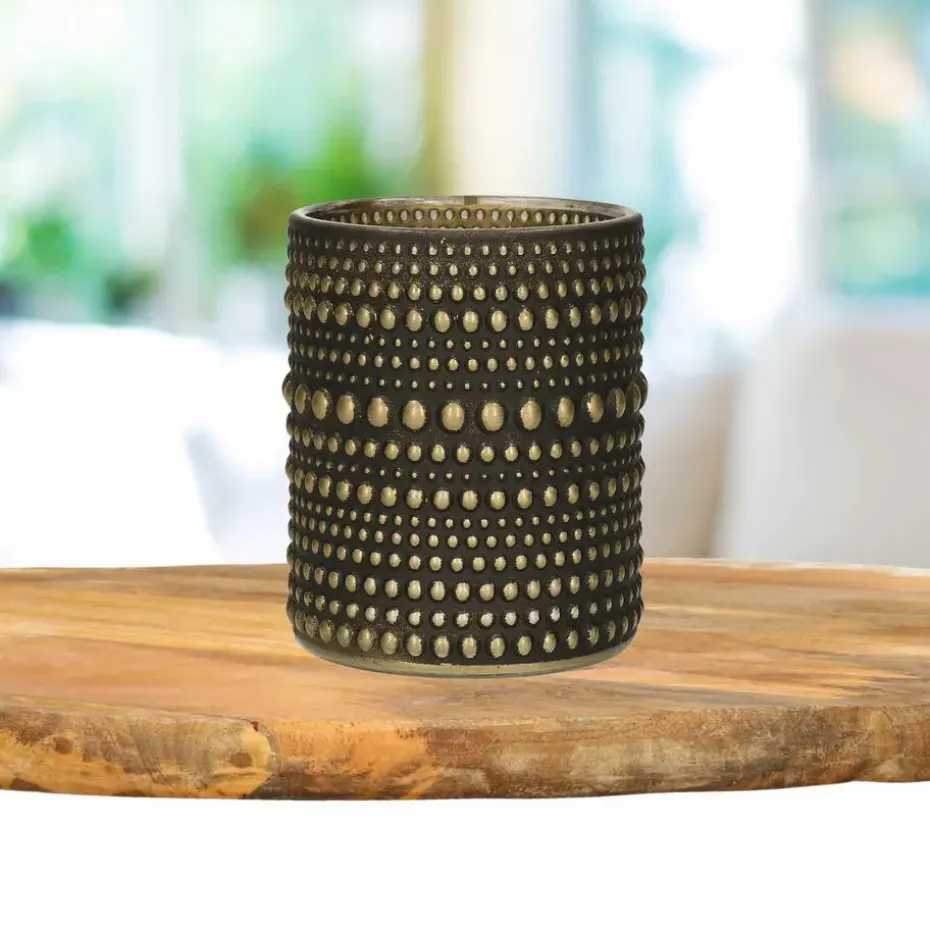 Countryfield theelichthouder/kaarsenhouder - zwart/goud - H8 cm