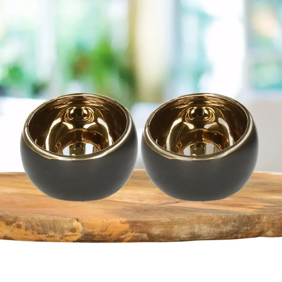 Countryfield theelichthouder/kaarsenhouder - zwart/goud - 13.5 cm