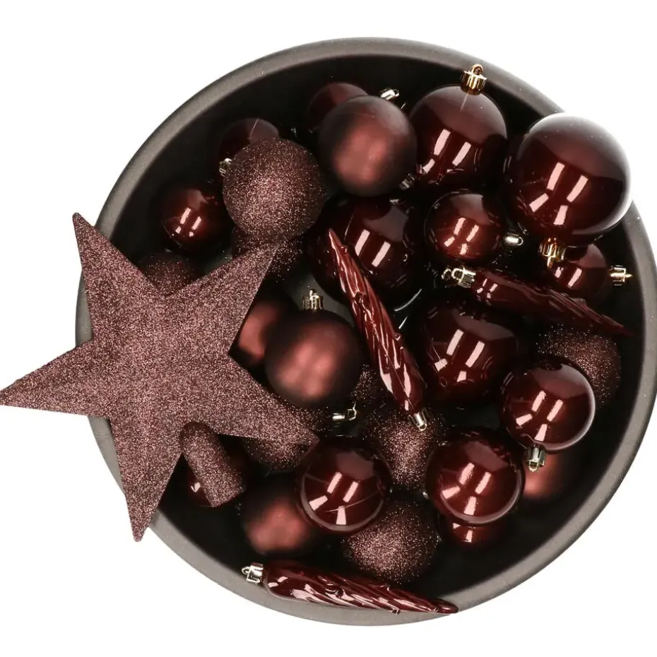 Decoris kerstballen - 34-dlg - mahonie bruin - kunststof