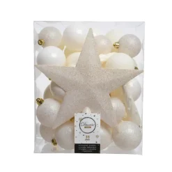 Decoris kerstballen - 34-dlg - wol wit - kunststof