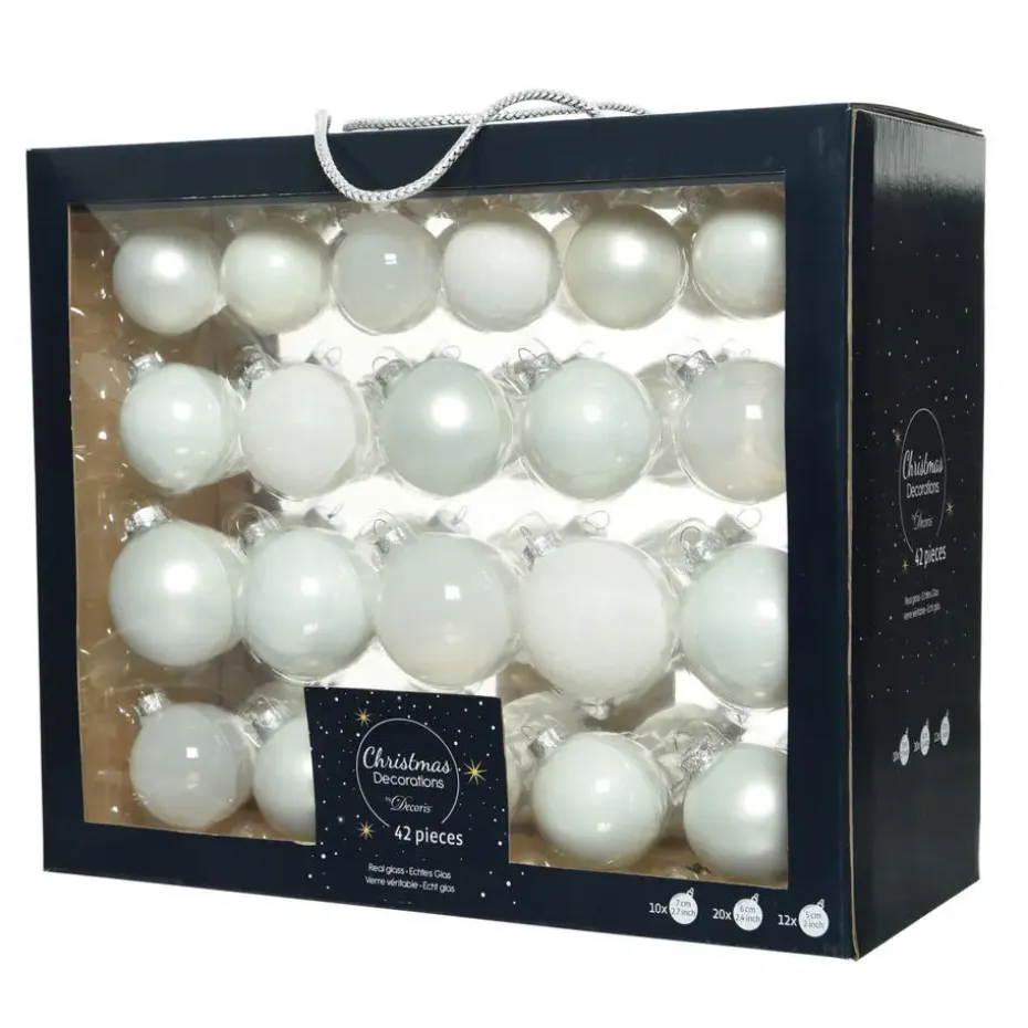 Decoris kerstballen - 42x - wit - glas - 5-6-7 cm