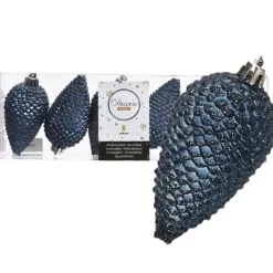 Decoris Kersthangers dennenappels - 6x - donkerblauw - 8 cm