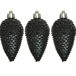 Decoris Kersthangers dennenappels - 6x - zwart - glitter - 8 cm