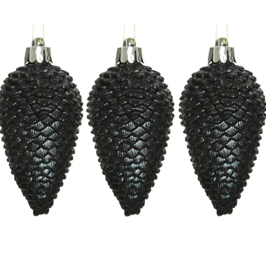 Decoris Kersthangers dennenappels - 6x - zwart - glitter - 8 cm