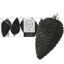 Decoris Kersthangers dennenappels - 6x - zwart - glitter - 8 cm