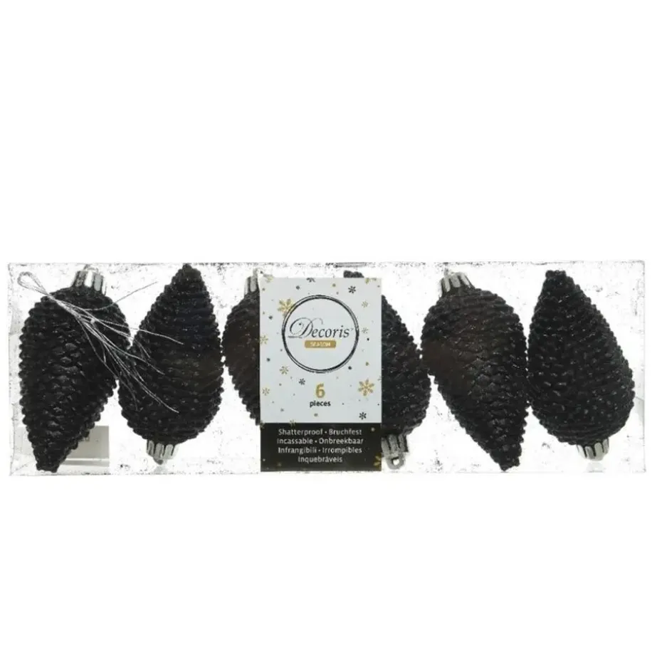Decoris Kersthangers dennenappels - 6x - zwart - glitter - 8 cm