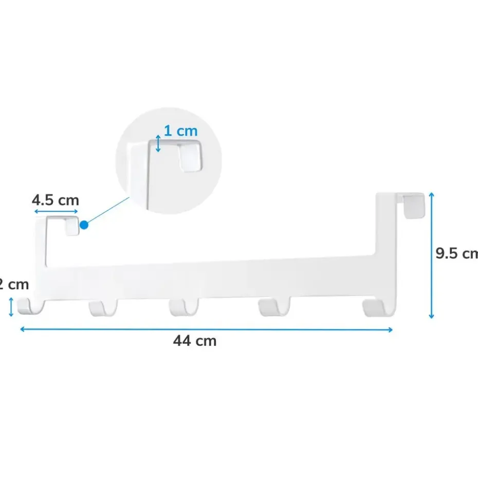 Deurkapstok - met 5 haken - metaal - wit