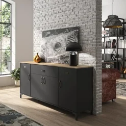 Diagone Dressoir Manchester - 82x40x180cm - Zwart/Eikenkleur