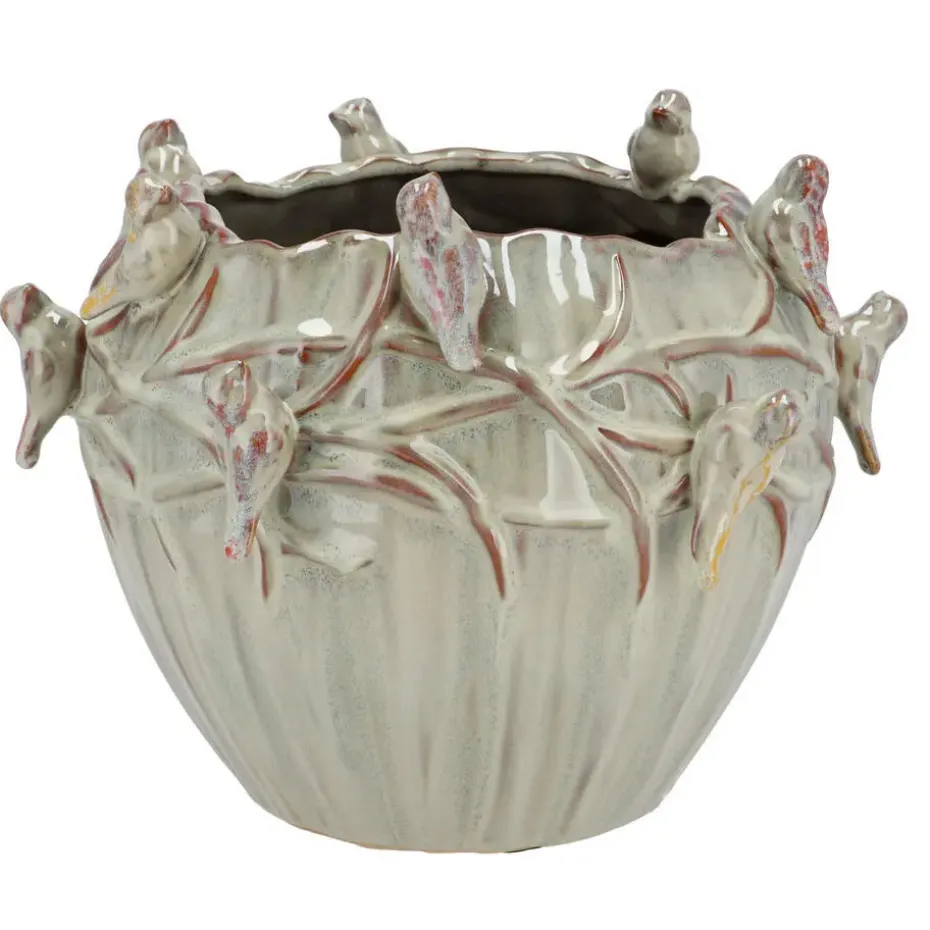DK Design Bloempot/plantenpot Vogels - mosgroen - D26 x H20 cm