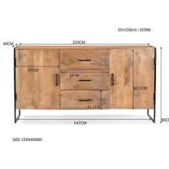 Dressoir Naturel Mangohout - Metaal - 150x40x80cm - Elin