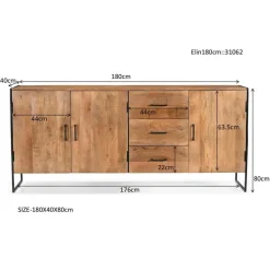 Dressoir Naturel Mangohout - Metaal - 180x40x80cm - Elin