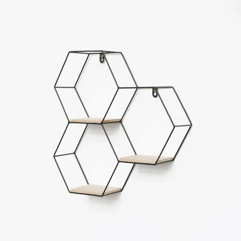 Driedubbel zeshoekig metalen wandrek met 3 houten plankjes - 40,5x41 cm - Zwart