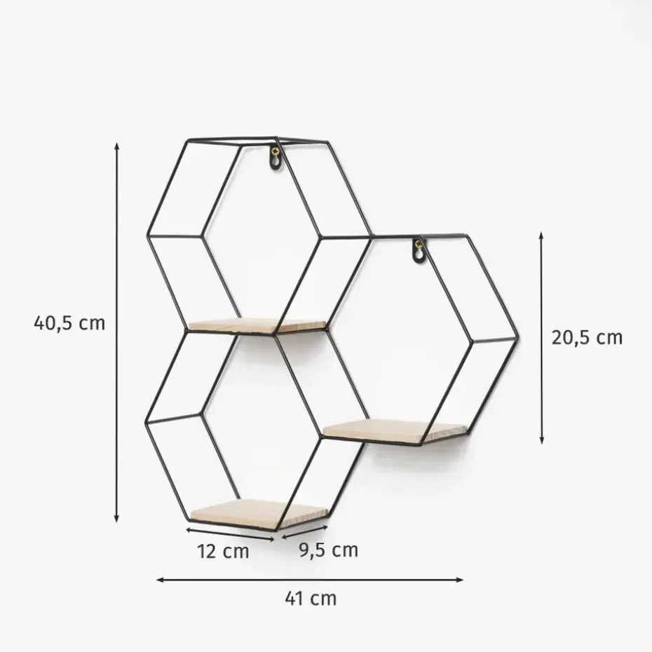 Driedubbel zeshoekig metalen wandrek met 3 houten plankjes - 40,5x41 cm - Zwart