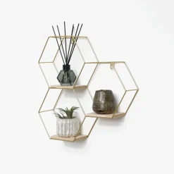 Driedubbel zeshoekig metalen wandrek met 3 houten plankjes - 40,5x41 cm - Goud