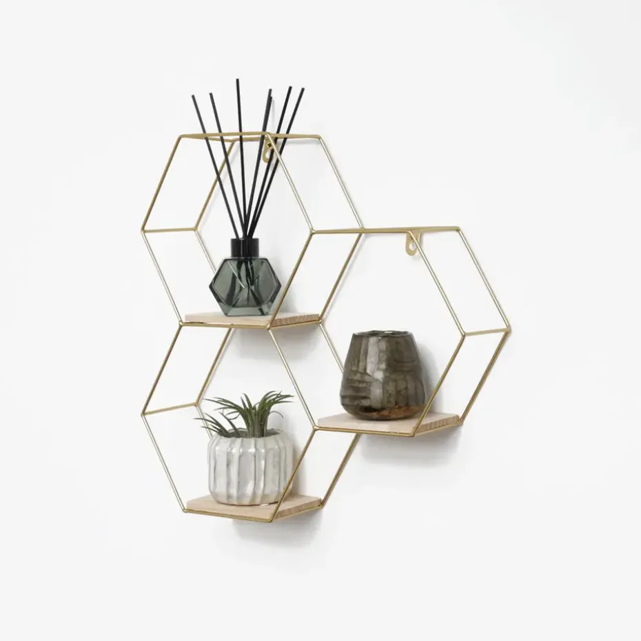 Driedubbel zeshoekig metalen wandrek met 3 houten plankjes - 40,5x41 cm - Goud