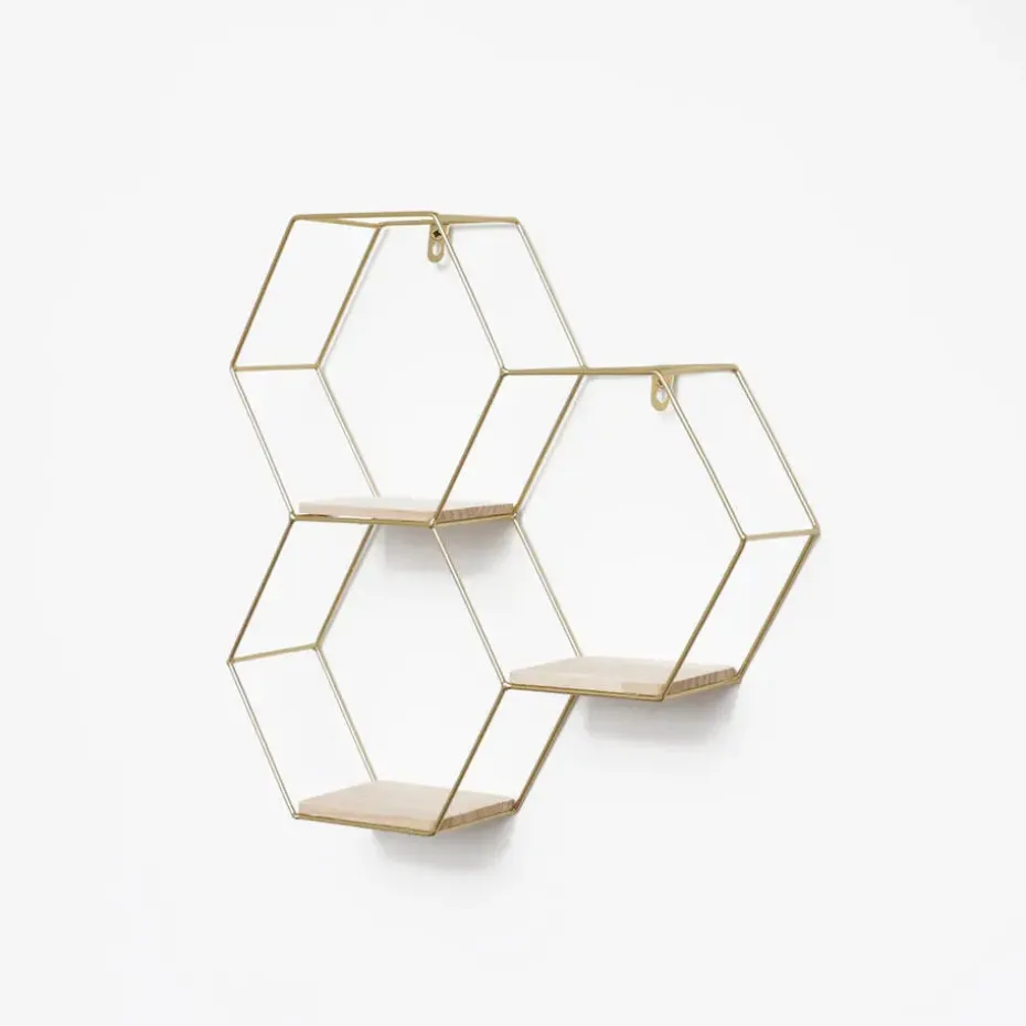 Driedubbel zeshoekig metalen wandrek met 3 houten plankjes - 40,5x41 cm - Goud
