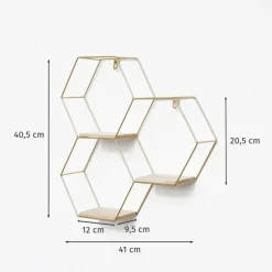 Driedubbel zeshoekig metalen wandrek met 3 houten plankjes - 40,5x41 cm - Goud