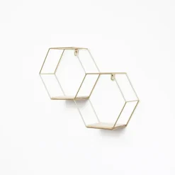 Dubbel zeshoekig metalen wandrek met 2 houten plankjes - 30,5x41 cm - Goud