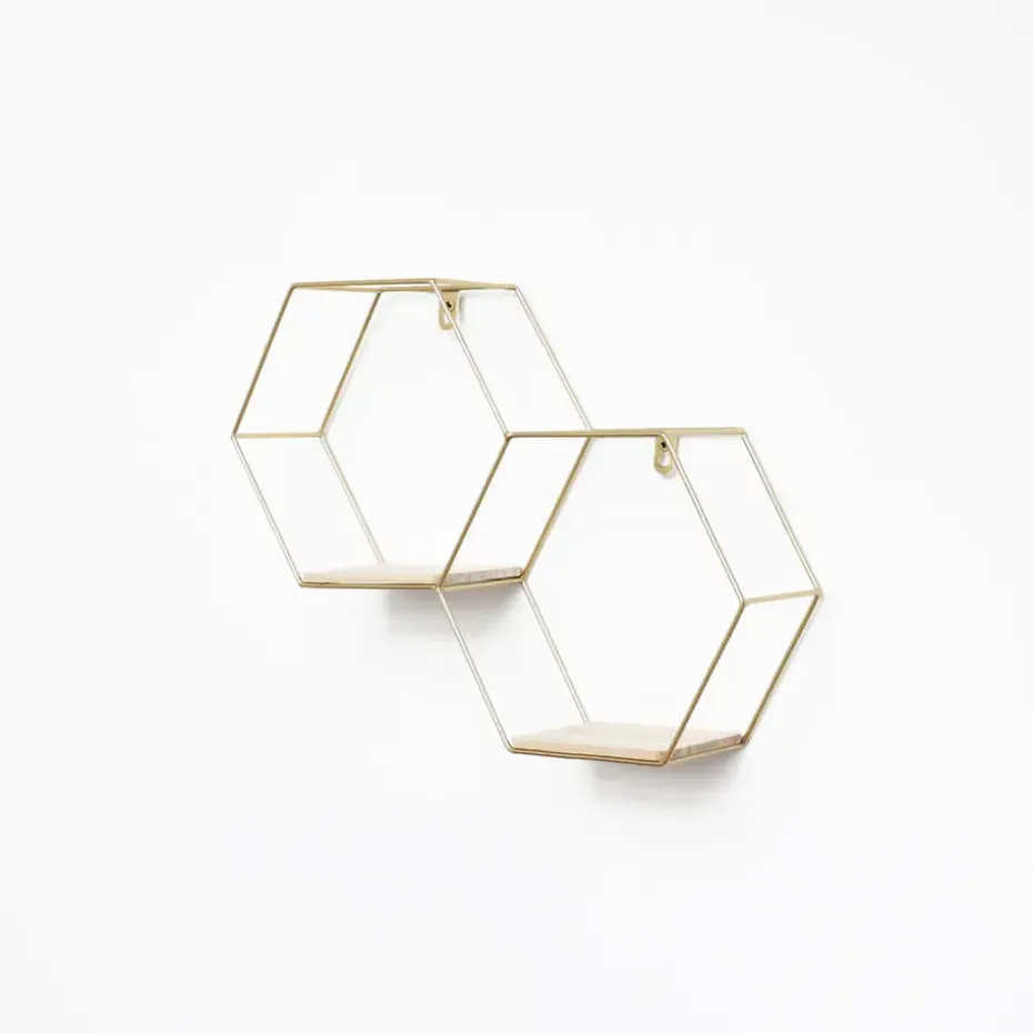 Dubbel zeshoekig metalen wandrek met 2 houten plankjes - 30,5x41 cm - Goud