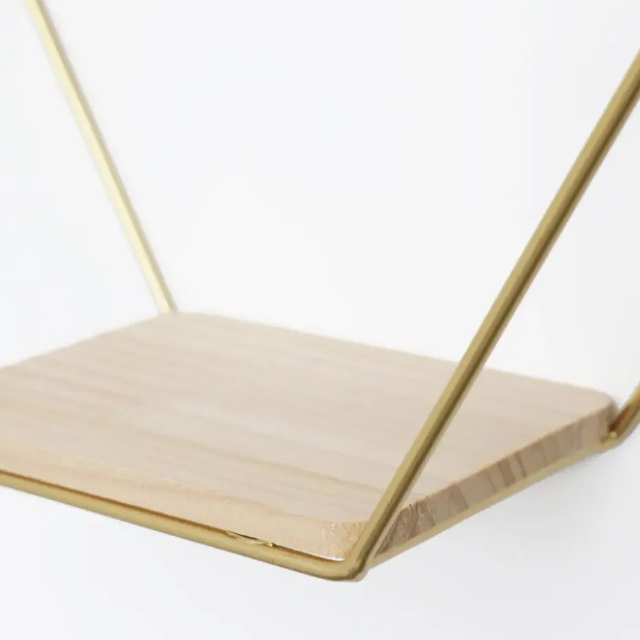 Dubbel zeshoekig metalen wandrek met 2 houten plankjes - 30,5x41 cm - Goud