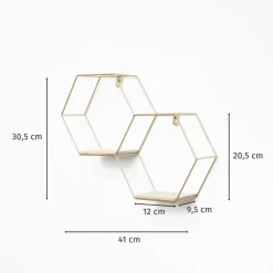 Dubbel zeshoekig metalen wandrek met 2 houten plankjes - 30,5x41 cm - Goud