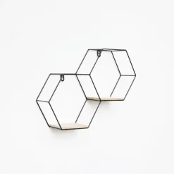 Dubbel zeshoekig metalen wandrek met 2 houten plankjes - 30,5x41 cm - Zwart