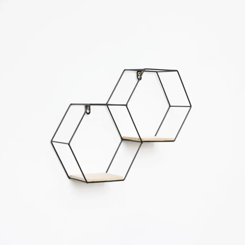 Dubbel zeshoekig metalen wandrek met 2 houten plankjes - 30,5x41 cm - Zwart