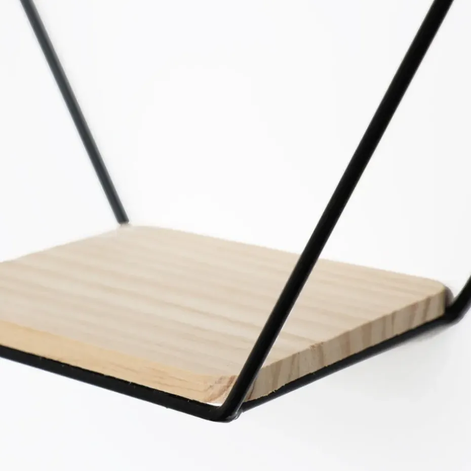 Dubbel zeshoekig metalen wandrek met 2 houten plankjes - 30,5x41 cm - Zwart
