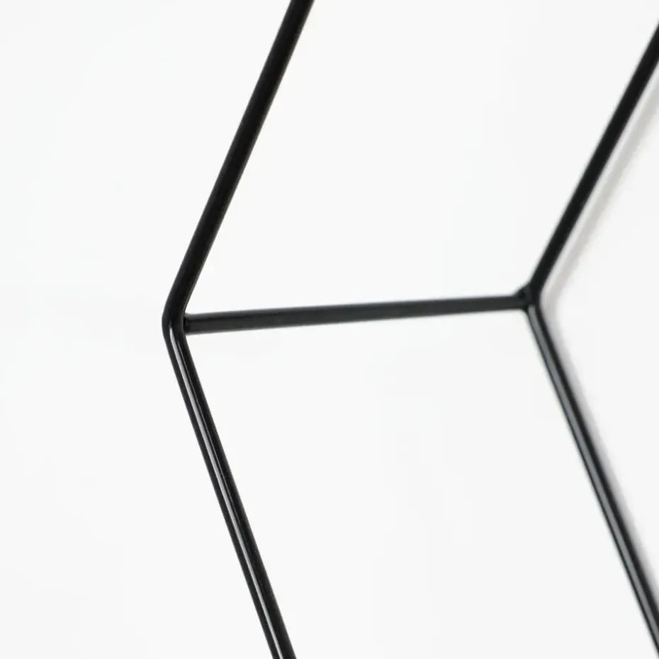 Dubbel zeshoekig metalen wandrek met 2 houten plankjes - 30,5x41 cm - Zwart