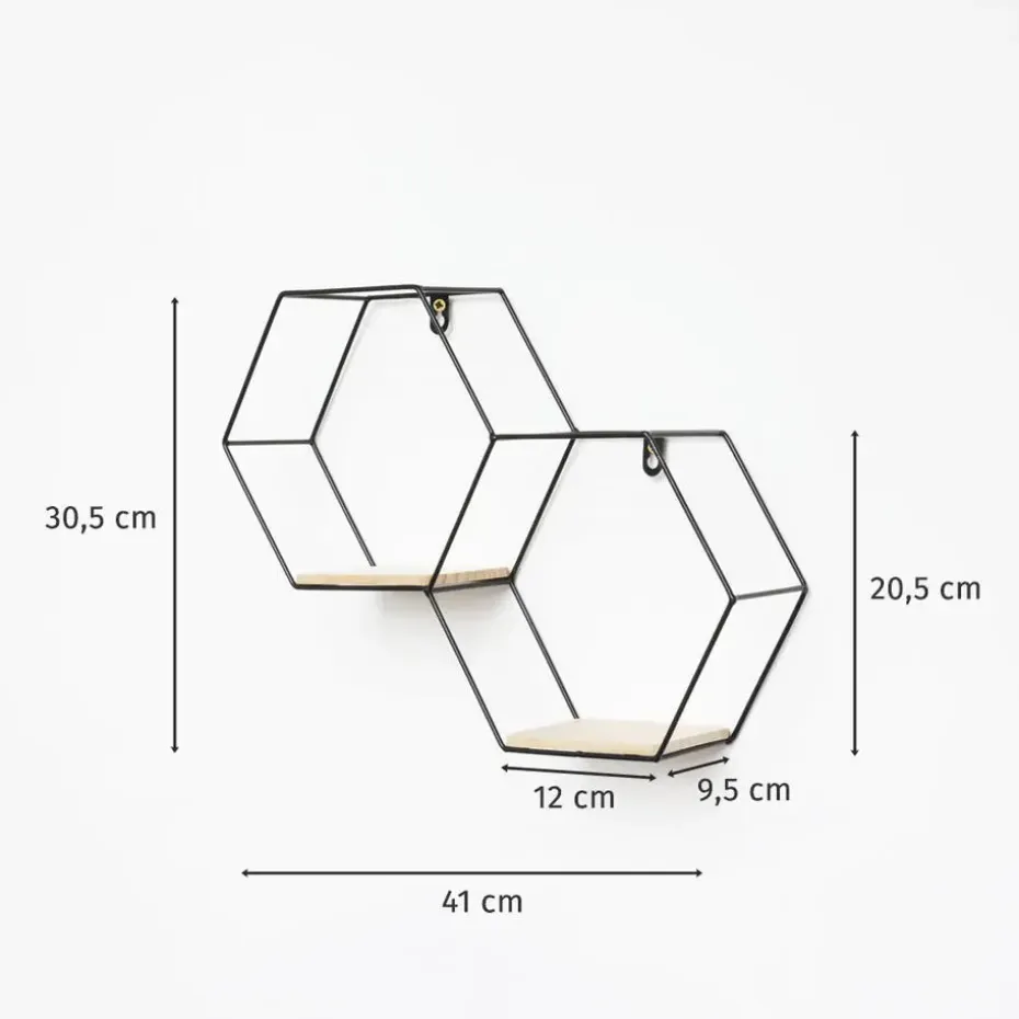Dubbel zeshoekig metalen wandrek met 2 houten plankjes - 30,5x41 cm - Zwart