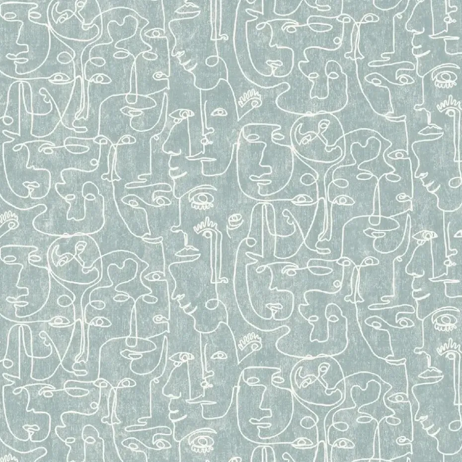 Dutch Wallcoverings - Arty Faces blauwgroen/wit - 0,53x10,05m