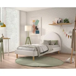 Eenpersoonsbed Maeva - 212x97x107 cm - Witte bouclé stof