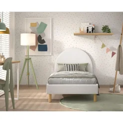 Eenpersoonsbed Maeva - 212x97x107 cm - Witte bouclé stof