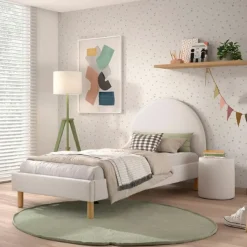 Eenpersoonsbed Maeva - 212x97x107 cm - Witte bouclé stof