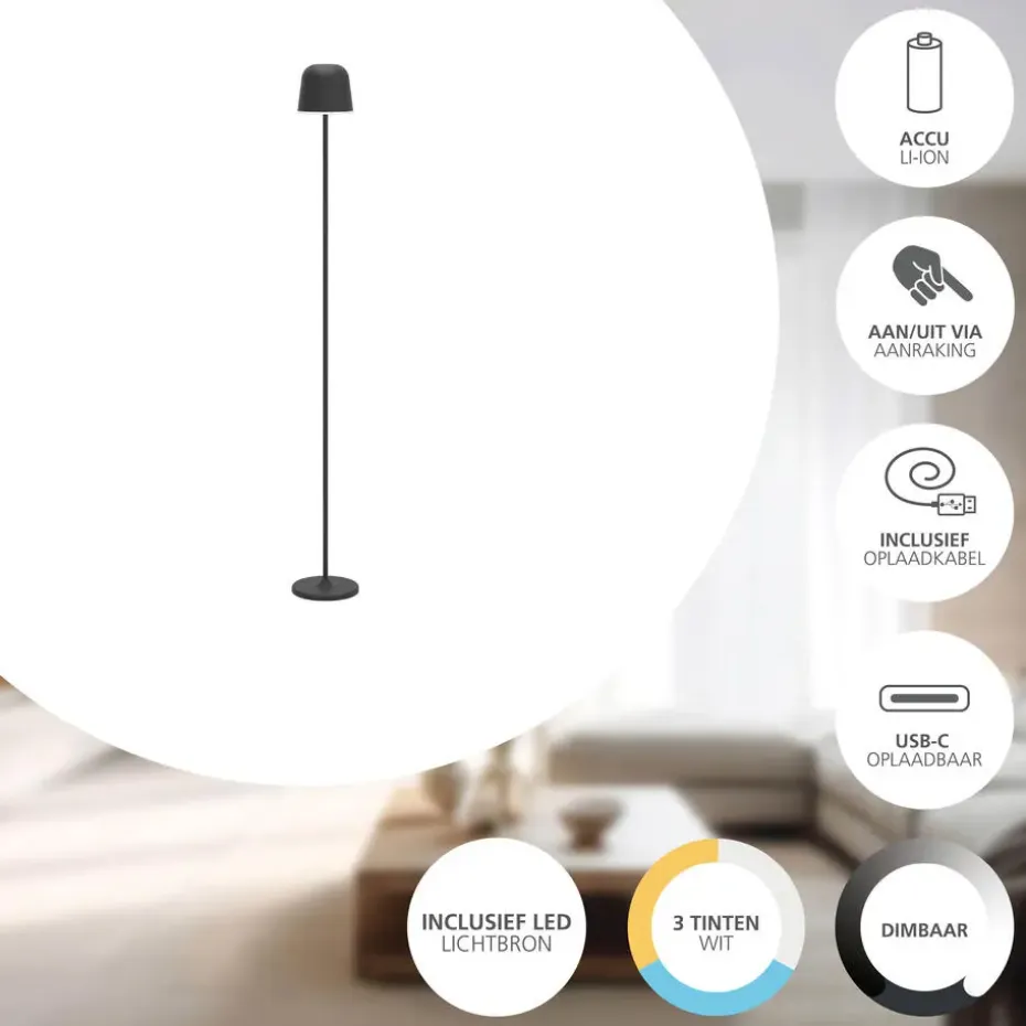 EGLO Mannera-L Staande lamp - USB-C - H 140 cm - Zwart