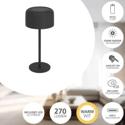 EGLO Roccanova Tafellamp - Solar - 30 cm - Zwart - Oplaadbaar