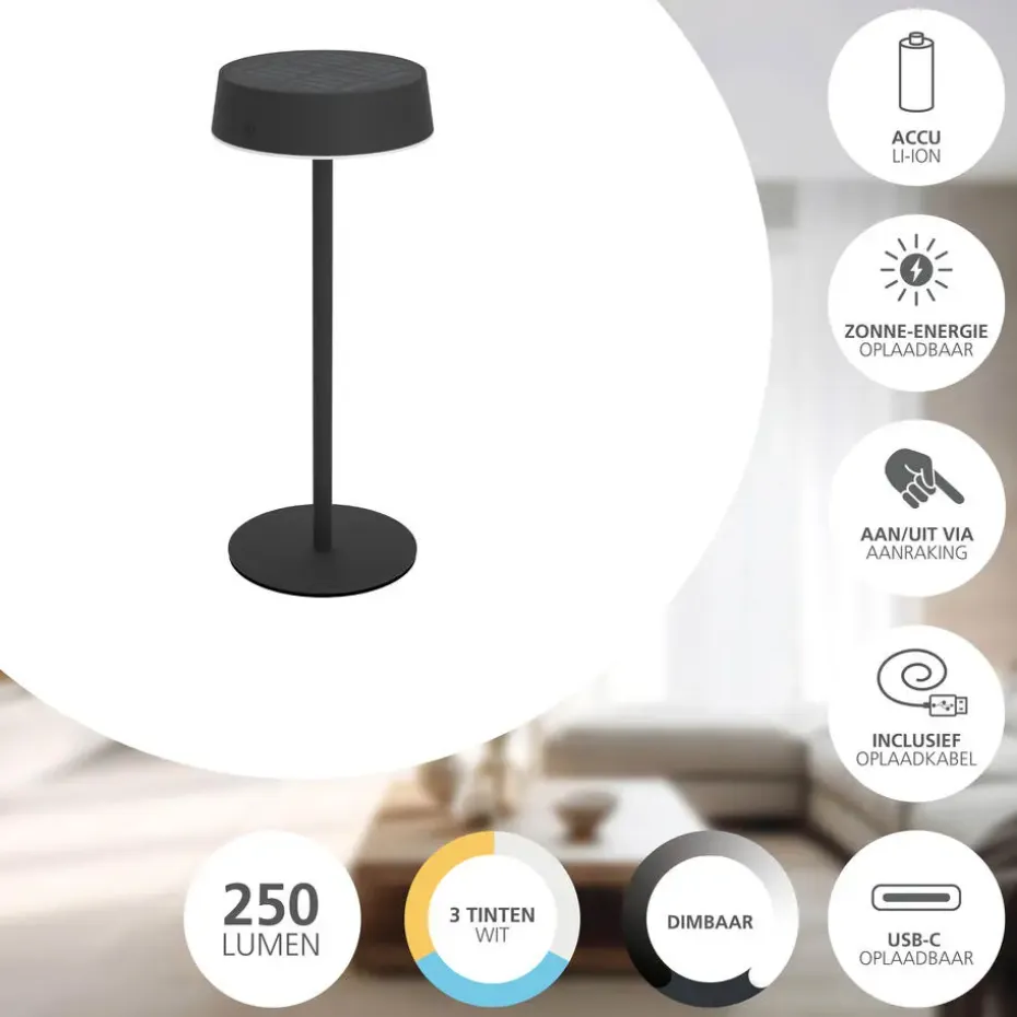 EGLO Simeri Tafellamp Buiten - Solar - 31 cm - Zwart - Oplaadbaar