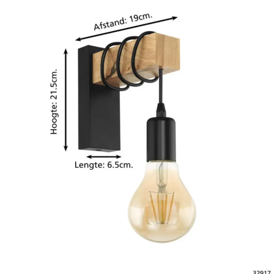 EGLO Townshend Wandlamp - E27 - 21,5 cm - Zwart/Bruin