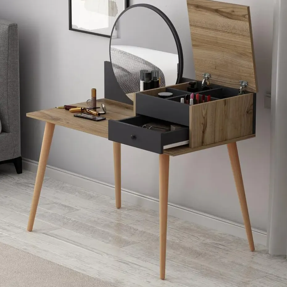 Emob Make-uptafel Woody Fashion - 120 x 60 x 96 cm - Walnut Anthracite-design