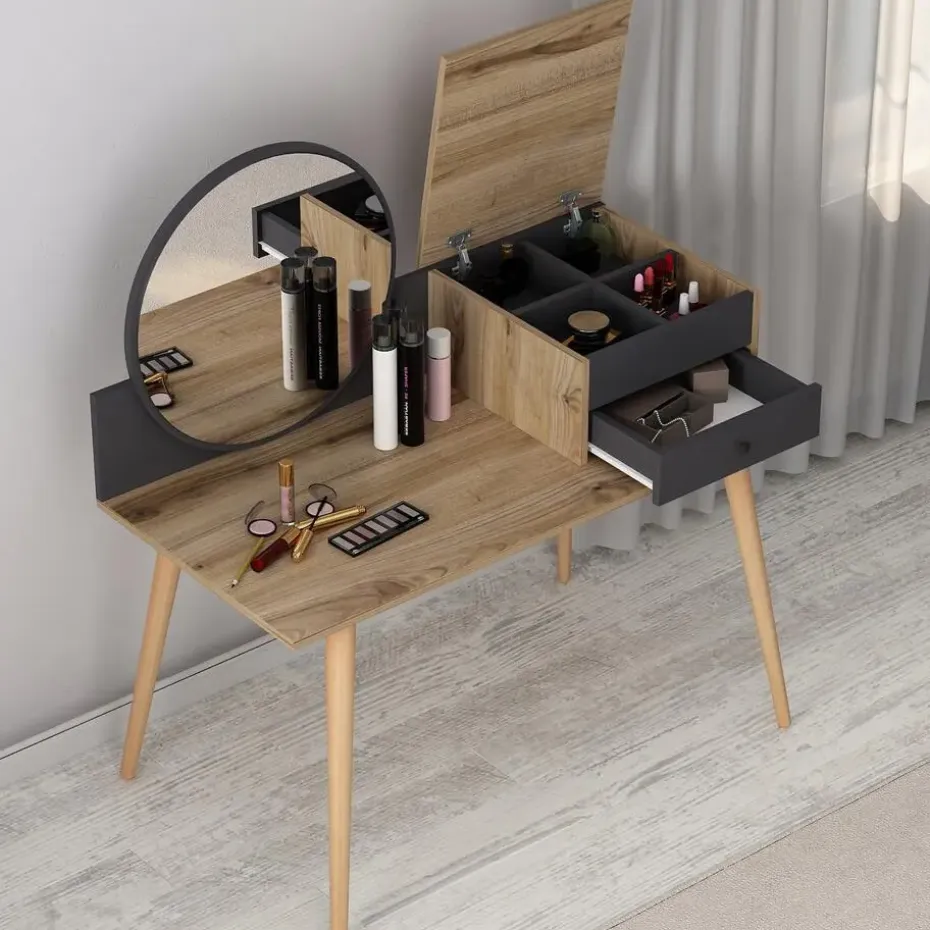 Emob Make-uptafel Woody Fashion - 120 x 60 x 96 cm - Walnut Anthracite-design