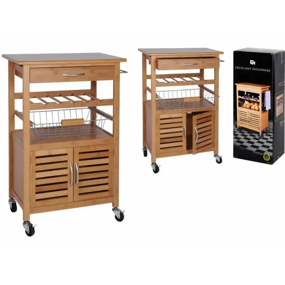 Excellent Houseware Keukentrolley - met kast - hout - 60 x 84 x 36 cm