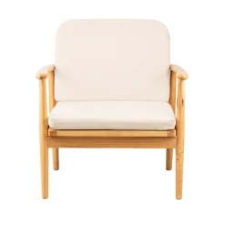 Fauteuil van massief hout en beige stof
