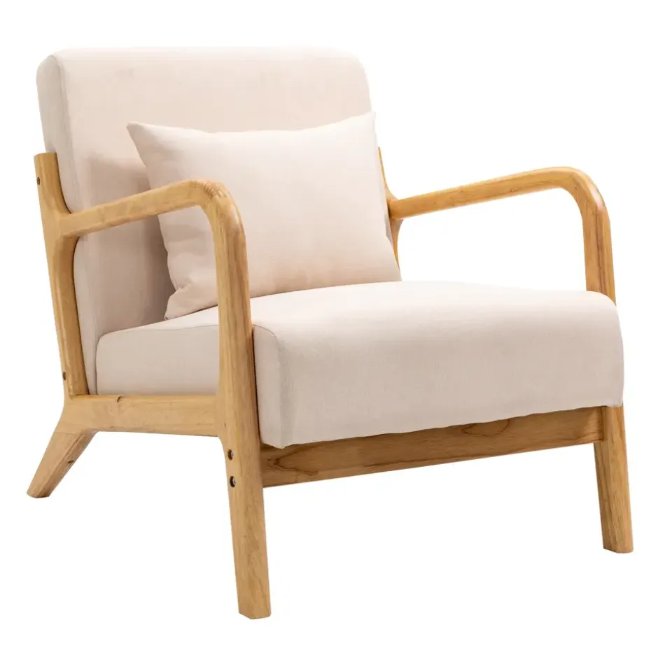 Fauteuil van massief hout en beige stof