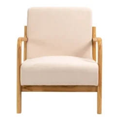 Fauteuil van massief hout en beige stof