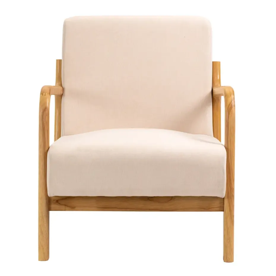 Fauteuil van massief hout en beige stof