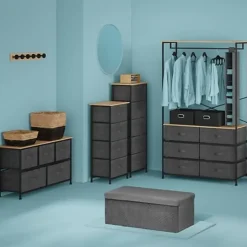 5Five Opbergkast - 5x mand - 45x30x114cm - hout/stof donkergrijs